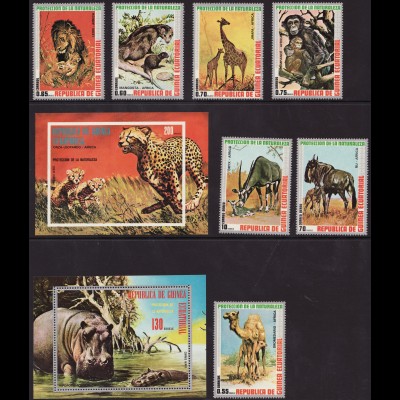 Äquatorial Guinea: 1974, Afrikanische Tiere (Satz gezähnt sowie Blockpaar)