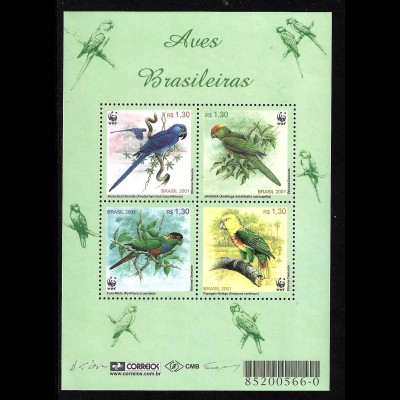 Brasilien: 2001, Blockausgabe Einheimische Papageien (WWF-Ausgabe)