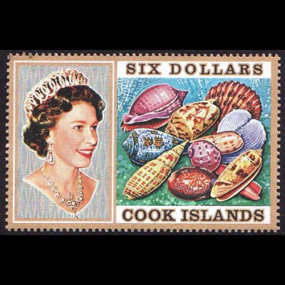 Cook-Inseln: 1974, Freimarken Meeresschnecken und Muscheln 6 $ (Einzelstück)