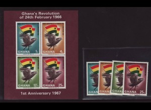 Ghana: 1967, Februar-Revolution (Motiv Greifvögel und Flaggen, Satz und Blockausgabe)