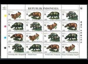 Indonesien: 1996, Sumatranashorn, WWF-Ausgabe (Kleinbogen mit 4 x 4 Marken)