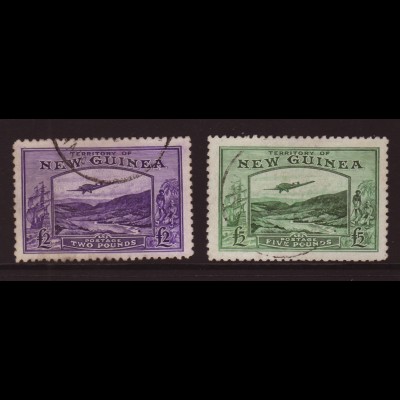 Neuguinea: 1935, Flugpostmarken 2 und 5 £ (Flugzeug Junkers G31 sowie altspanisches Handelsschiff, M€ 700,-)