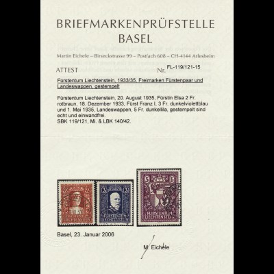 Liechtenstein: 1933/35, Freimarken 2 - 5 Fr. (Fotoattest)