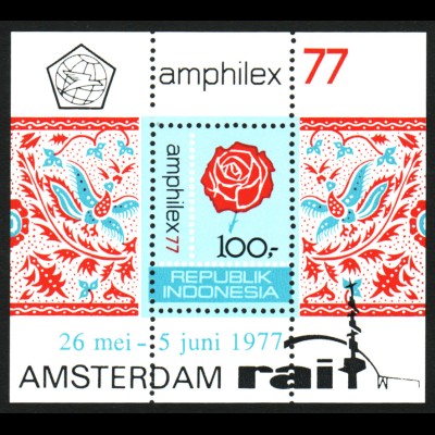 Indonesien: 1977, Blockausgabe Briefmarkenausstellung AMPHILEX (Einzelstück mit Motiv Rose)