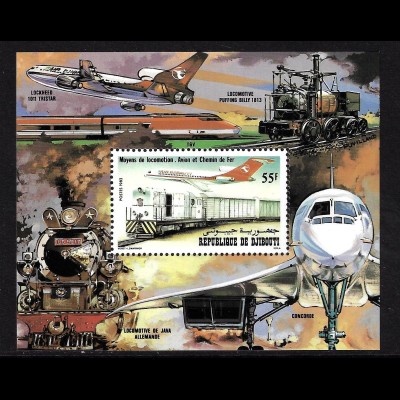 Dschibuti: 1982, Blockausgabe Verkehrsmittel (Motiv: Eisenbahn und Flugzeuge, Einzelstück)