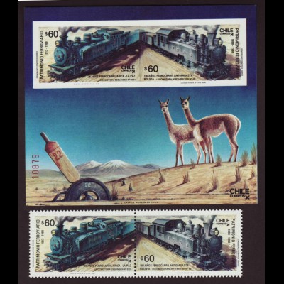 Chile: 1988, Eisenbahnlinie Antofagasta - La Paz (Zusammendruckpaar und Blockausgabe)