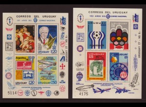 Uruguay: 1977, Blockpaar, ungezähnte, frankaturungültige Ausstellungsblöcke zur "UREXPO 77" mit Motiven der Ausgaben 1402/05 und 1453/56, u. a,. Motiv Weltraum, Zeppelin, Fußball, Marke auf Marke, etc.)