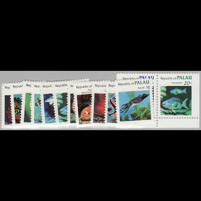 Palau-Inseln: 1983, Freimarken Meerestiere (gezähnter Satz sowie Zusammendruckpaar aus Markenheftchen)