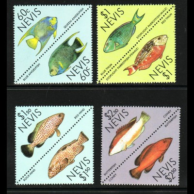 Nevis: 1987, Zdr.-Paare Fische am Korallenriff (Dreiecksmarken als Zusammendruckpärchen)