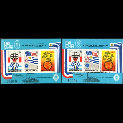 Uruguay: 1975, Blockausgabe Briefmarkenausstellungen sowie ungezähnter Ausstellungsblock (Motiv: Fußball, 200 Jahre USA und Weltpostverein)