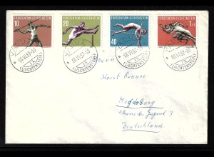 Liechtenstein: 1956, 3. Sportserie (überfrankierter Satzbrief, jede Marke einzeln gestempelt)