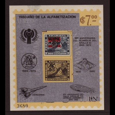 Nicaragua: 1980, Überdruckblockausgabe Alphabetisierungskampagne (u. a. auch Motiv Weltraum, Zeppelin, Concorde und Briefmarke auf Briefmarke)