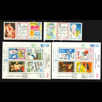 Uruguay: 1976, Jahresereignisse (Blockpaar und Zusammendruckstreifen, u. a. Motiv Zeppelin, Weltraum, Fußball, Gemälde, Marke auf Marke, Gemälde, etc.)