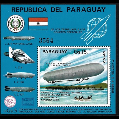 Paraguay: 1975, Blockausgabe Zeppelin LZ 1 (mit Aufdruck Muestra)