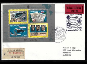 Uruguay: 1975, Blockausgabe Jahresereignisse (dabei auch Motiv Weltraum, Concorde, gelaufener R-Brief vom Ersttag mit SoSt.)