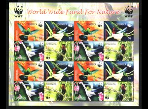 Dominica: 2005, Doktorvogel und Granatkolibri (WWF-Ausgabe, Kleinbogen 16 Marken mit 4 Viererblöcken)