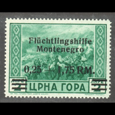 Montenegro: 1944, Aufdruck Flüchtlingshilfe 0,25 + 1,75 RM; 