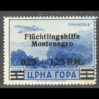 Montenegro: 1944, Aufdruck Flüchtlingshilfe 0,25 + 1,75 RM Flugpost; 