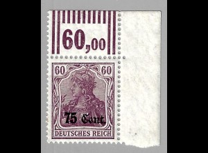 Etappengebiet West: 1916, 75 Cent. (Eckrandstück oben rechts im Walzendruck)