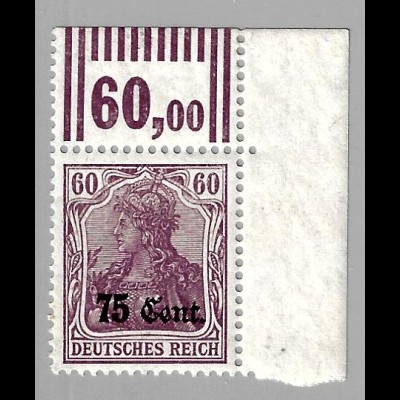 Etappengebiet West: 1916, 75 Cent. (Eckrandstück oben rechts im Walzendruck)