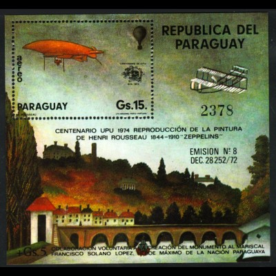 Paraguay: 1974, Blockausgabe Weltpostverein UPU (Gemälde und Luftschiff)