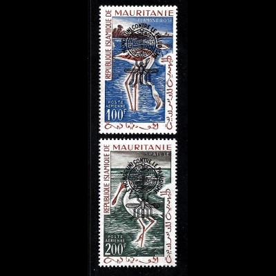 Mauretanien: 1962, Überdruckausgabe Malariabekämpfung in beiden Typen (frankaturungültige Marken, Motiv Vögel)