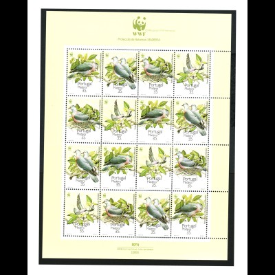 Madeira: 1990, Silberhalstaube (WWF-Ausgabe als Zusammendruckbogen, enthält 4 Fünferstreifen)