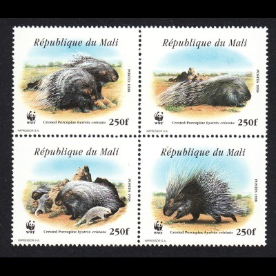 Mali: 1998, Nordafrikanisches Stachelschwein (Viererblock, WWF-Ausgabe)