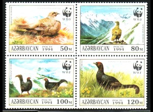 Aserbeidschan: 1994, Kaukasisches Birkhuhn (WWF-Ausgabe, Viererblock)