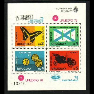 Uruguay: 1978, Blockausgabe Briefmarkenausstellung (auch Motiv Schmetterlinge, Fußball und Autos)