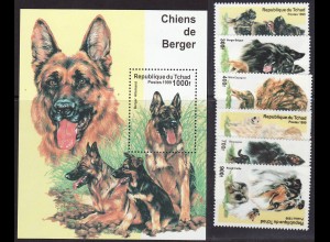 Tschad: 1999, Hunde (6 Werte und 1 Blockausgabe, frankaturungültige Vignetten)