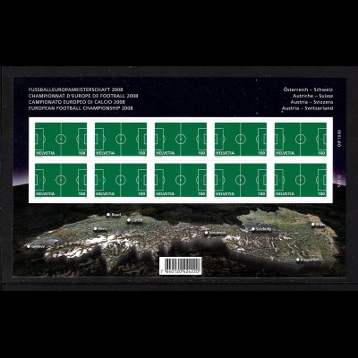 Schweiz: 2008, Folienblatt Fußball-EM (Spielfeld, enthält 10 selbstklebende Marken)