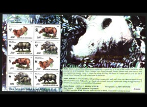 Indonesien: 1996, Sumatranashorn, WWF-Ausgabe (Sonder-Kleinbogen mit 2 x 4 Marken mit zusätzlichem Goldaufdruck anlässlich der Südostasienspiele)