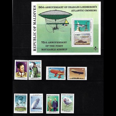 Malediven: 1977, Ch. Lindbergh (Satz und Blockausgabe, Motiv Flugzeuge)