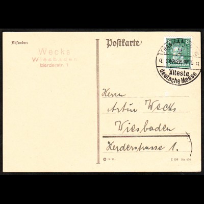 1927, Arbeitsamt 8 Pfg., portogerechte EF auf Postkarte im Fernverkehr 