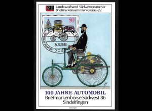 Bundesrepublik Deutschland: 1986, Ausstellungsblock zur Briefmarkenbörse Sindelfingen mit aufgeklebter Marke 1268 (lt. Philex-Spezial Kat.-Nr. 1, Motiv Automobil)
