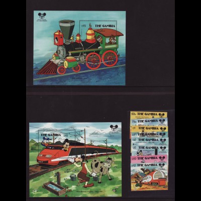 Gambia: 1987, Walt-Disney-Figuren in der Eisenbahn (Satz und Blockpaar)