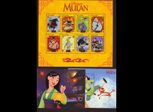 Gambia: 1998, Walt-Disney-Zeichentrickfilm "Mulan" (Kleinbogenpaar und Blocksatz mit 4 Blöcken)