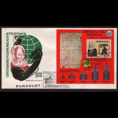 Paraguay: 1978, Blockausgabe 100 Jahre Telefon (auch Motiv Satelliten, Schmuckersttagsbrief)