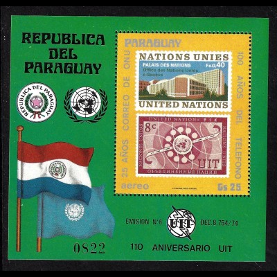Paraguay: 1976, Blockausgabe 100 Jahre Telefon / 25 Jahre Postverwaltung UNO (Motiv Marke auf Marke)