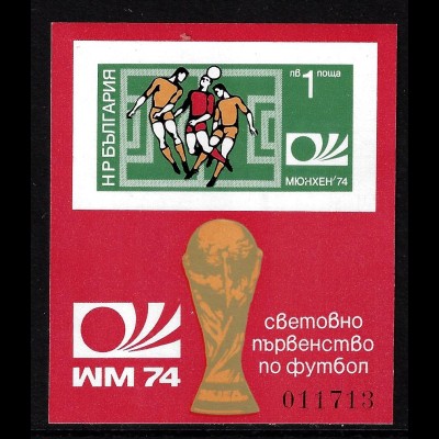 Bulgarien: 1974, Blockausgabe Fußball-WM Deutschland (ungezähnt, M€ 60,-)
