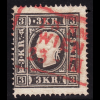 Österreich: 1863, Kaiser Franz Joseph 3 Kr. (roter Ra3 "Wien", M€ 230,-)