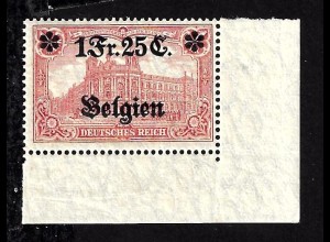 Landespost Belgien: 1914, 1. Überdruckausgabe 1 Franc Eckrandstück 