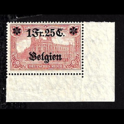 Landespost Belgien: 1914, 1. Überdruckausgabe 1 Franc Eckrandstück 