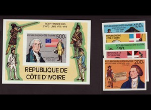 Elfenbeinküste: 1976, 200 Jahre USA (ungezähnt, teilweise auch Motiv Schiffe, Satz und Blockausgabe)