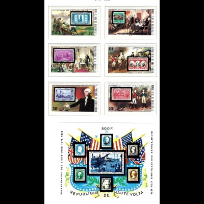 Obervolta: 1975, 200 Jahre USA (Satz und Blockausgabe, Motiv Briefmarke auf Briefmarke)