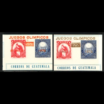 Guatemala: 1972, Sommerolympiade München Einzelmarken aus Block 13 mit orangenem und goldenem Aufdruck (wahrscheinlich Probedruck mit einer Auflage von nur 3500 Stück)
