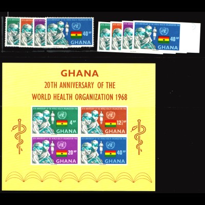 Ghana: 1968, Weltgesundheitsorganisation WHO (Satz gez und ungezähnt sowie Blockausgabe)