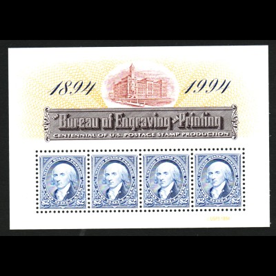 USA: 1994, Blockausgabe 100 Jahre Briefmarkenherstellung