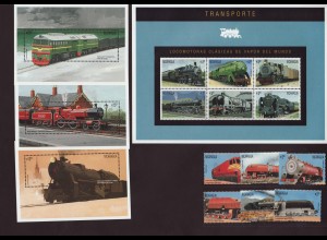 Nicaragua: 1996, Lokomotiven (Ausgabe komplett mit Satz, Kleinbogen und Blocksatz mit 3 Blöcken)